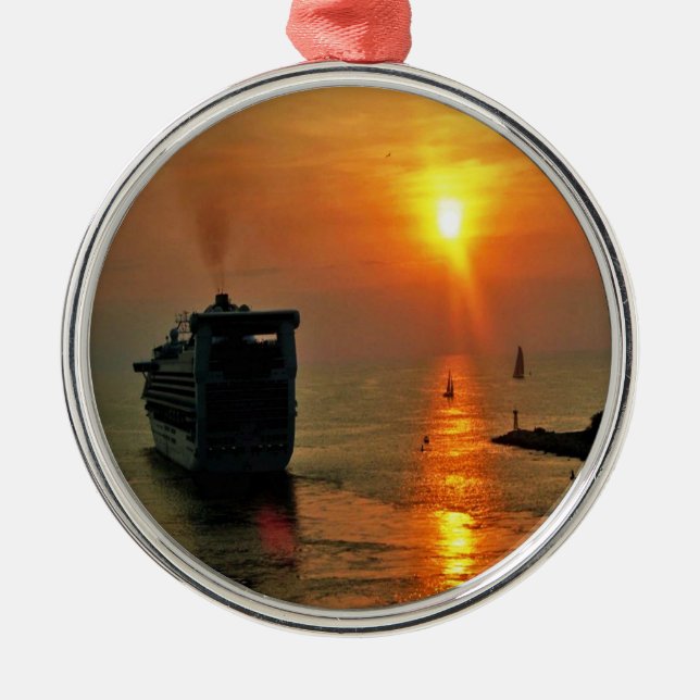 Sunset on  a Cruise Ship Metal Tree Decoration (Front)