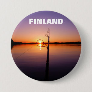 Sunset on a summer lake seen through a fishing rod 7.5 cm round badge