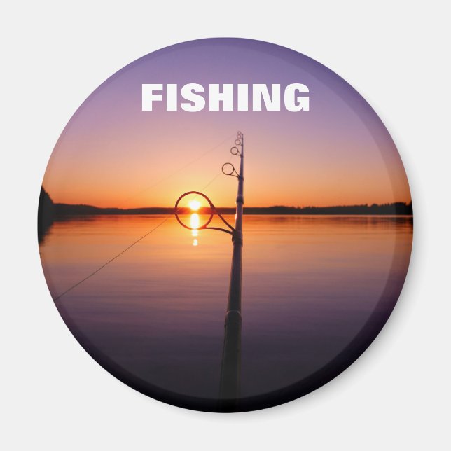 Sunset on a summer lake seen through a fishing rod magnet (Front)