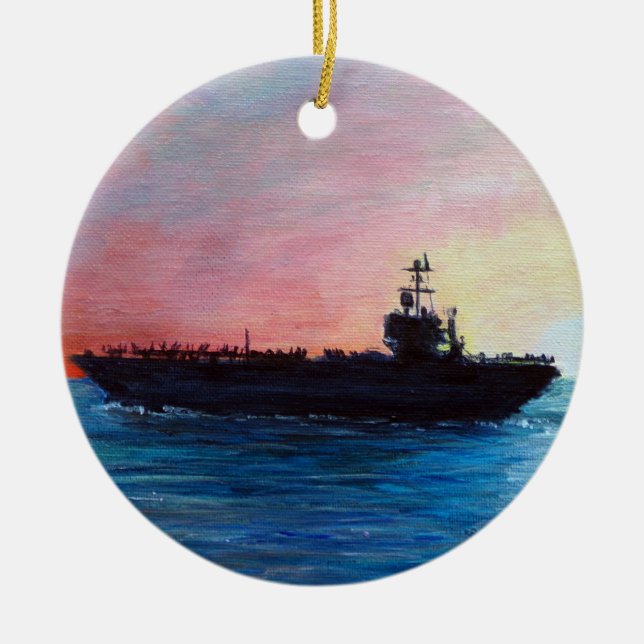 Sunset on an Aircraft Carrier Ceramic Tree Decoration (Front)