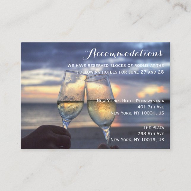 Sunset On Beach Wedding Accommodation Cards (Front)