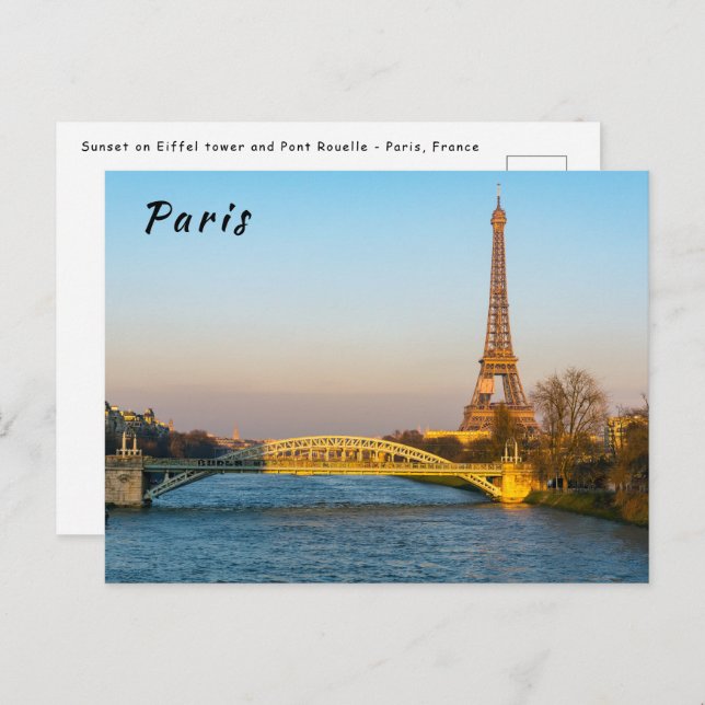 Sunset on Eiffel tower and Pont Rouelle - Paris Postcard (Front/Back)