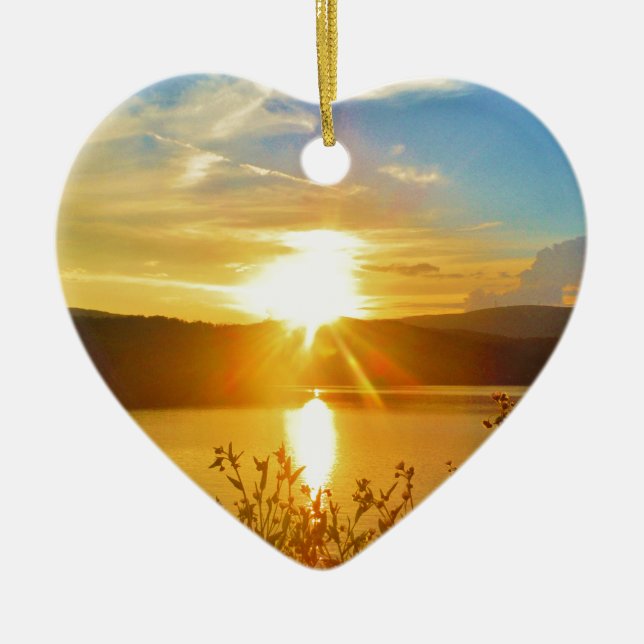 Sunset on mountain Lake Arrowhead Ceramic Tree Decoration (Front)