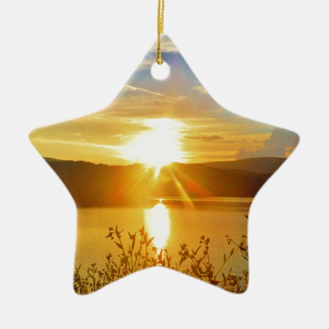 Sunset on mountain Lake Arrowhead Ceramic Tree Decoration (Front)