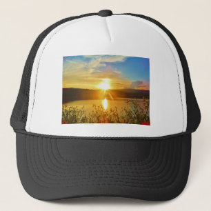 Sunset on mountain Lake Arrowhead Trucker Hat