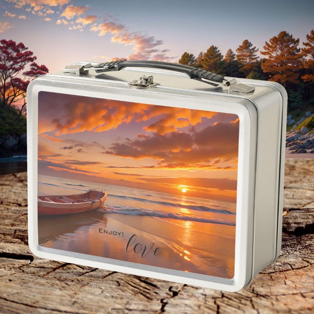 Sunset on the Beach Metal Lunch Box (Lunch Box featuring a painting of a sunset on the beach with a rowing boat)