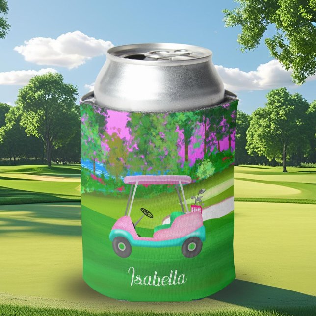 Sunset On The Golf Course Pink Leather Golf Cart  Can Cooler (Creator Uploaded)