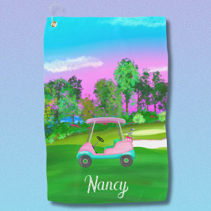 Sunset On The Golf Course Pink Leather Golf Cart  Towel
