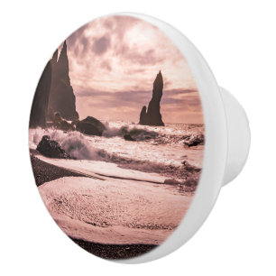 Sunset on the Reynisfjara black sand beach, Icelan Ceramic Knob