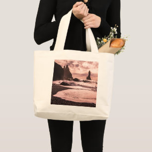 Sunset on the Reynisfjara black sand beach Large Tote Bag
