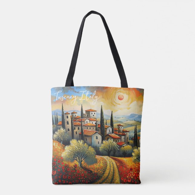 Sunset on Vineyard Tuscany Painting Italy Travel Tote Bag (Back)