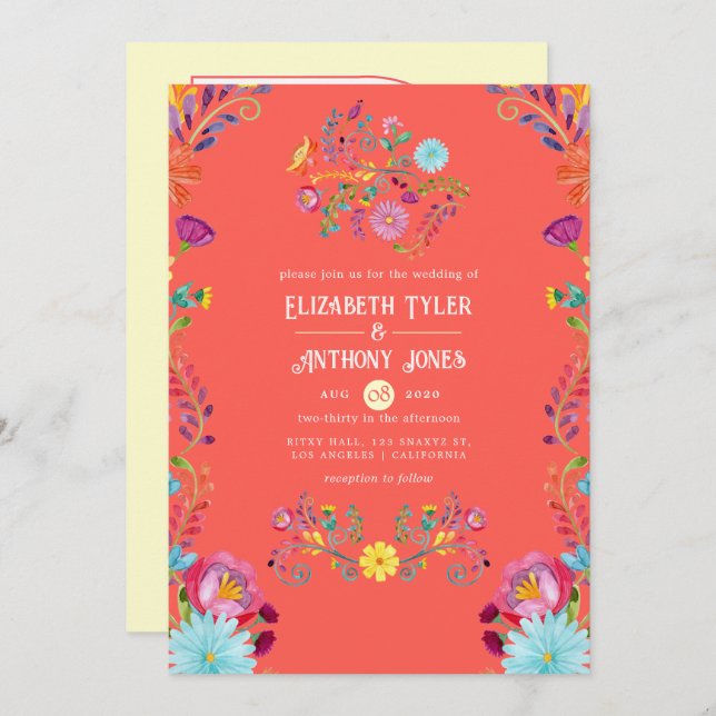 Sunset Orange/Cream Floral Mexican Fiesta Wedding Invitation (Front/Back)