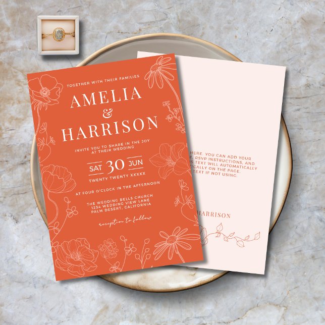 Sunset Orange Elegant Wedding Invitation (Sunset Orange Elegant Wedding Invitation with Delicate Flowers, Modern Typography, Spring, Summer.)