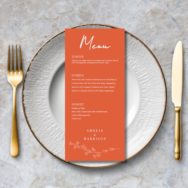 Sunset Orange Formal Elegant Wedding Menu (Sunset Orange Formal Elegant Wedding Menu with Floral Line Art, Menu Options, Optional Text on Back.)