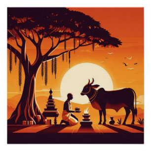 Sunset Orange Hindu Cow Puja Ritual Art Poster