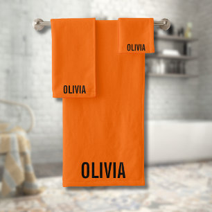 Sunset Orange Modern Name Trendy Minimalist Bath Towel Set