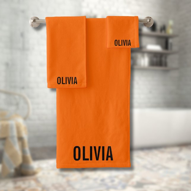 Sunset Orange Modern Name | Trendy Minimalist  Bath Towel Set (Creator Uploaded)