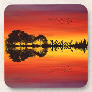 Sunset orange red black silhouette guitar name  coaster