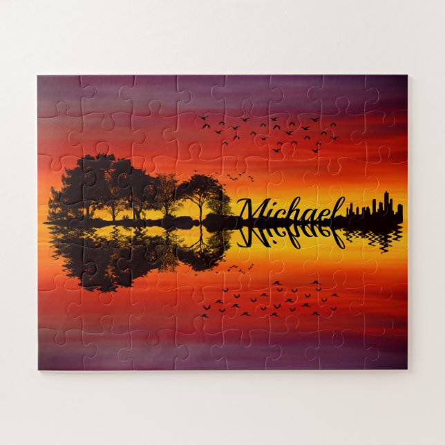 Sunset orange red black silhouette guitar name    jigsaw puzzle (Horizontal)