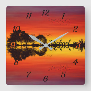 Sunset orange red black silhouette guitar name square wall clock