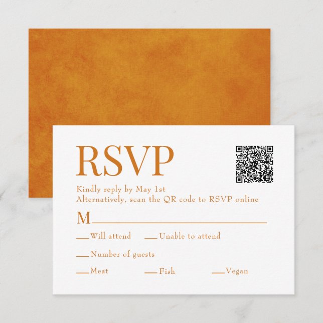 Sunset Orange Scan Qr Code Meal Choice Wedding RSVP Card (Front/Back)