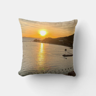 Sunset Orange Sky, sea and mountains Cushion