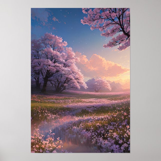 Sunset over a Blossoming Meadow Poster (Front)