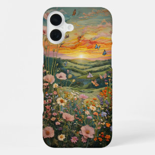 Sunset Over a Flower Meadow with Butterflies iPhone 16 Plus Case
