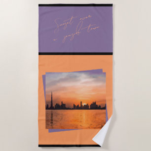 Sunset over a seaside town - Art Beach Towel
