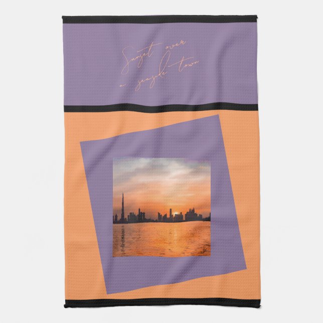 Sunset over a seaside town - Art towel (Vertical)