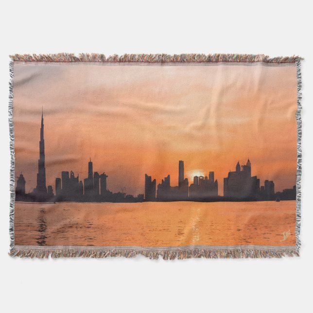 Sunset over a seaside town - watercolor throw blanket (Front)