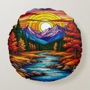 Sunset Over a Serene Mountain Stream Round Cushion