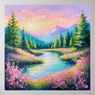 Sunset Over a Serene Stream and Trees Poster