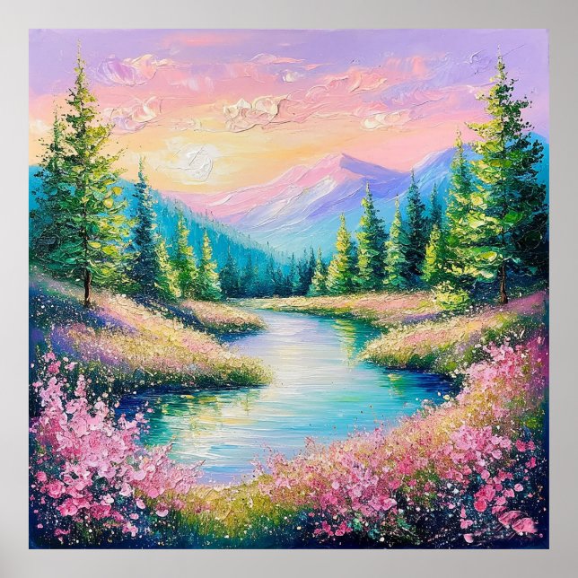 Sunset Over a Serene Stream and Trees Poster (Front)