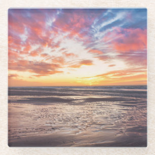 Sunset over beach and sea glass coaster