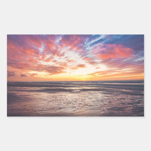 Sunset over beach and sea rectangular sticker (Front)