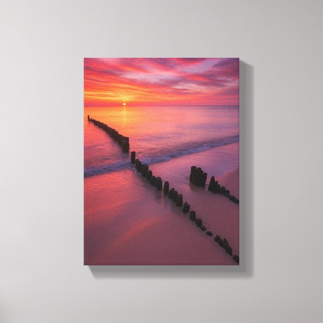 Sunset Over Beach with Wooden Posts Canvas Print (Front)