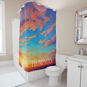 Sunset over beautiful clear blue ocean water shower curtain