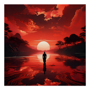 Sunset Over Calm Waters – Red Fiery Sky Reflection Poster