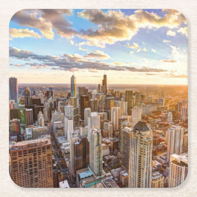 Sunset Over Chicago Square Paper Coaster (Front)