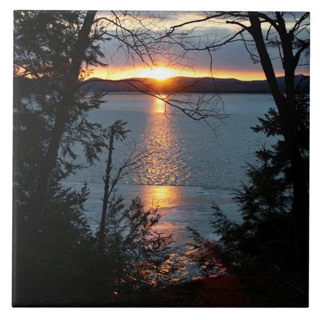 Sunset Over Forest Lake Ceramic Tile (Front)