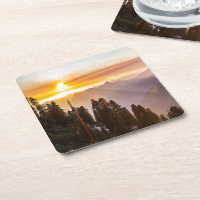 Sunset over forest square paper coaster (Angled)