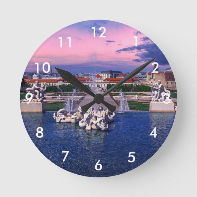 Sunset over fountain in Vienna Round Clock (Front)