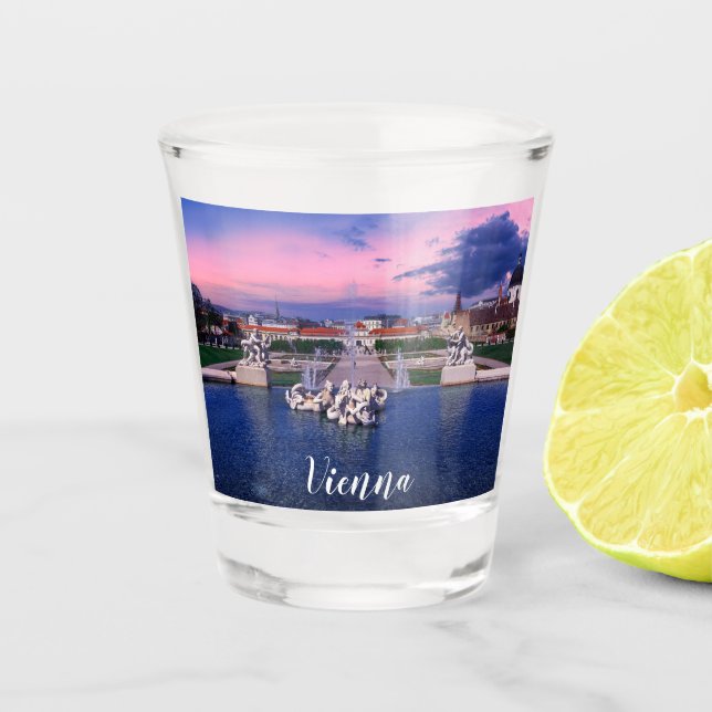 Sunset over fountain in Vienna Shot Glass (Front)