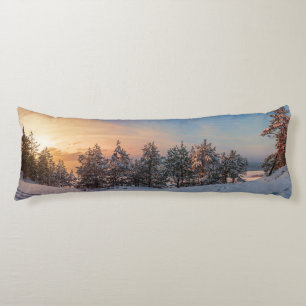 Sunset over frozen snowy forest near sea body cushion