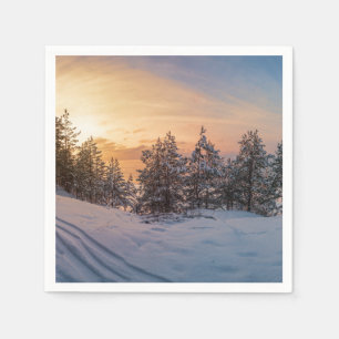 Sunset over frozen snowy forest near sea napkin