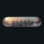 Sunset over frozen snowy forest near sea skateboard<br><div class="desc">View of frozen snowy forest with covered in snow spruce,  fir and pine trees on sea coast.</div>