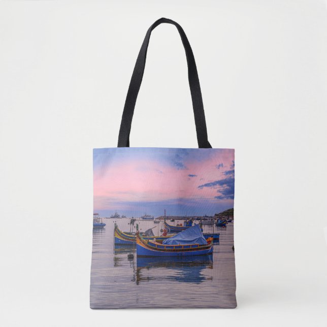 Sunset over harbor with fishing boats tote bag (Front)