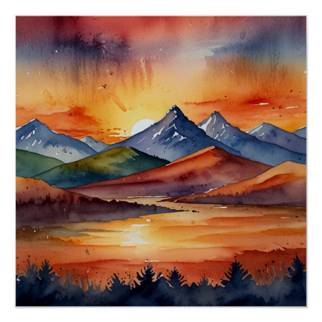Sunset Over Mountains Watercolor Poster (Front)