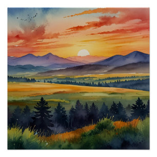 Sunset Over Mountains Watercolor Poster